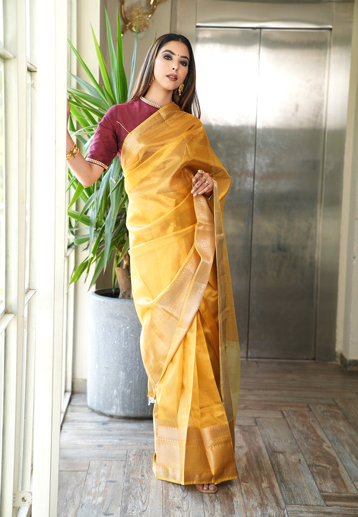 Yello Pure Tissue Saree with zari border