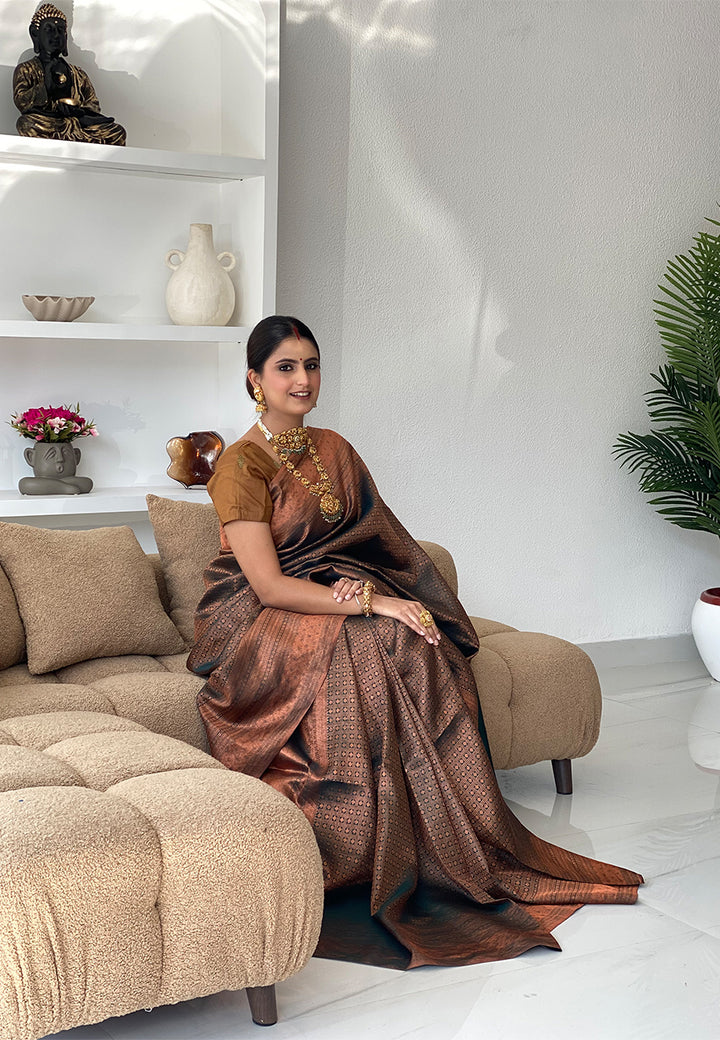 Pure Silk Kanjivaram Saree with intricate detailing & copper zari. 1gm fine zari