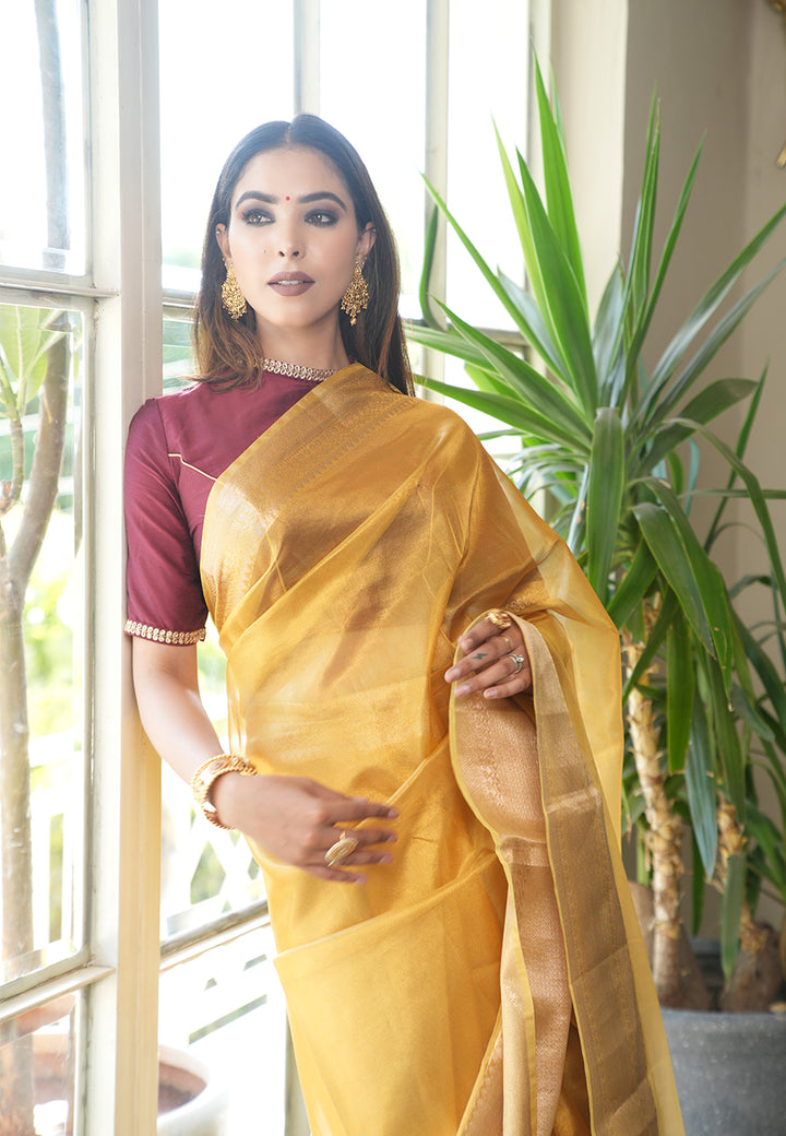 Yello Pure Tissue Saree with zari border