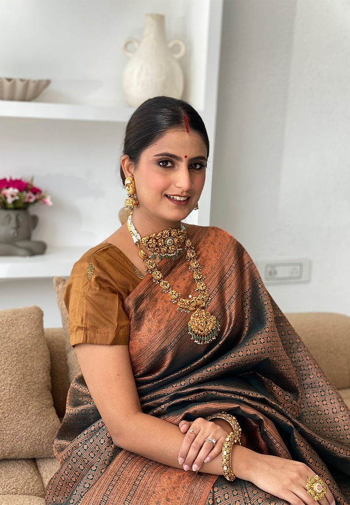 Pure Silk Kanjivaram Saree with intricate detailing & copper zari. 1gm fine zari