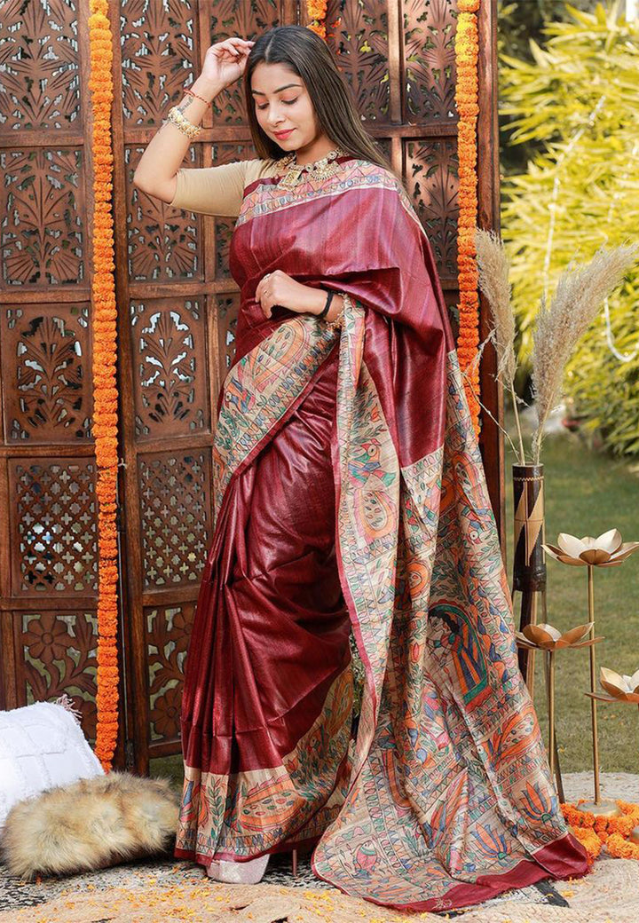 Pure Tussar Silk Saree with handcraft and hand paint, Madhubani Saree