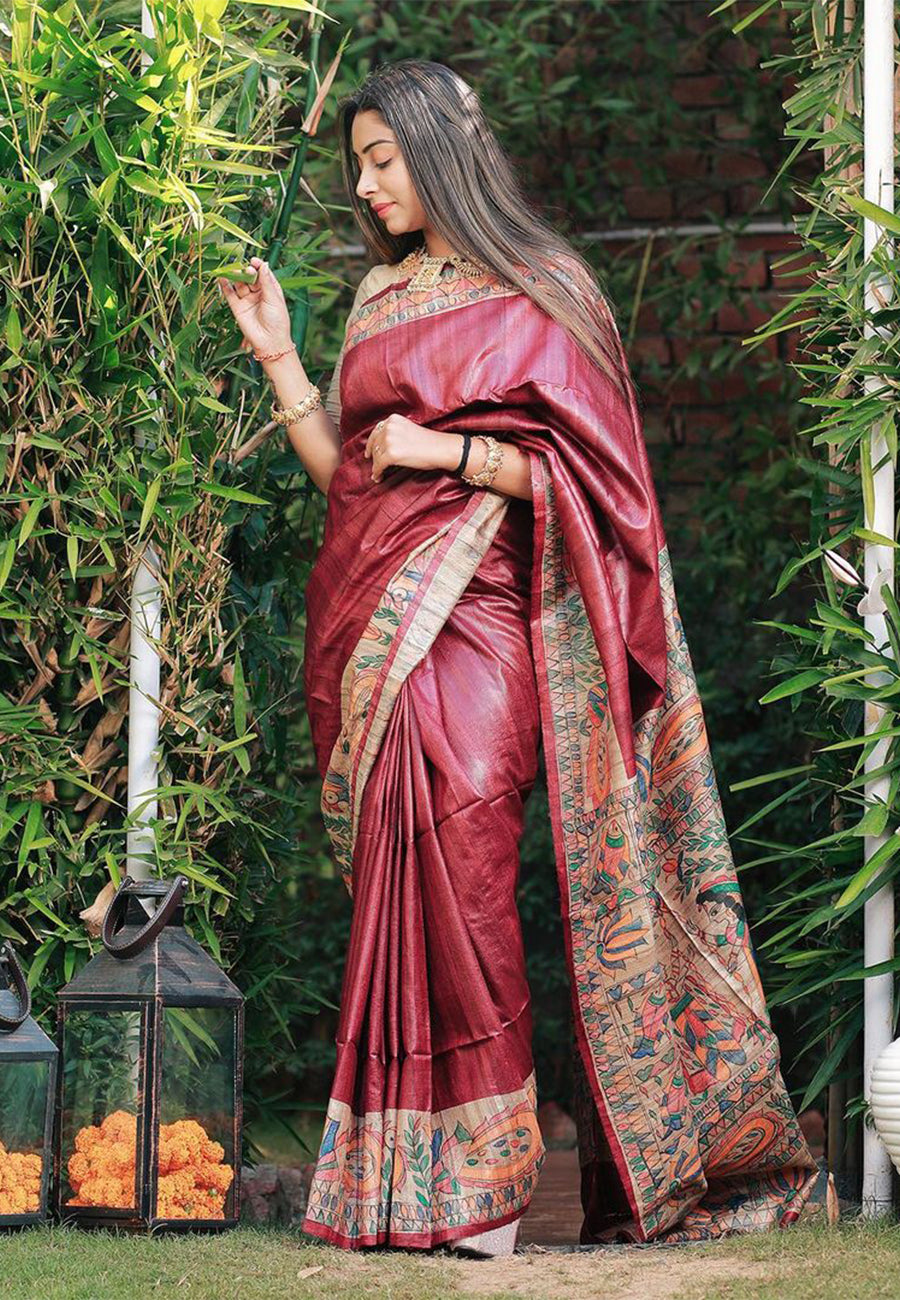 Pure Tussar Silk Saree with handcraft and hand paint, Madhubani Saree